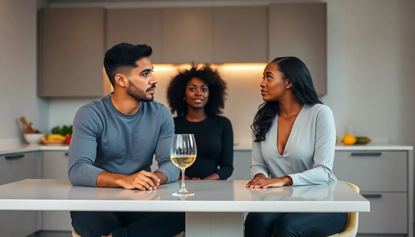 couple discussing fertility and alcohol in a modern kitchen.
